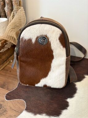 American Bison Cowhide Leather Mini Backpack Crossbody - Brown & White